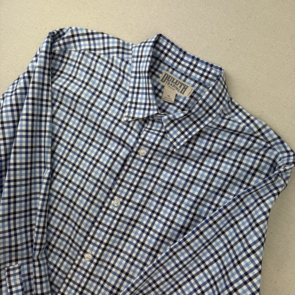 Duluth Trading Co Trim Fit Button Up Shirt Men XL Blue Plaid Long Sleeve Cotton